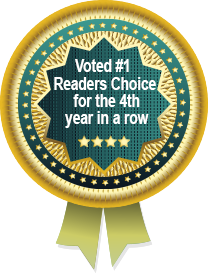 Picture of  ribbon showing Voted #1 Readers Choice for the 4th year in a row